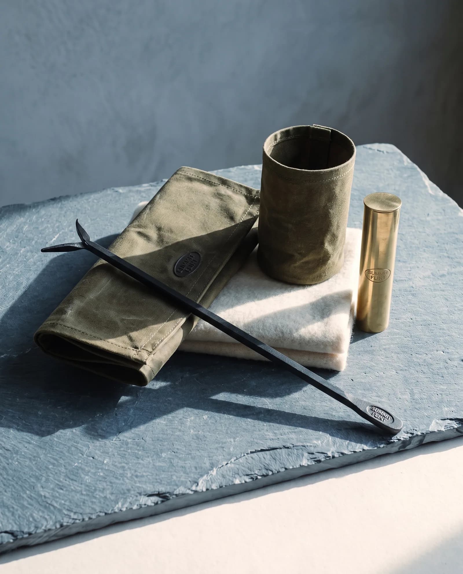 The First Winter — Poker, carrier, kindling tote, match safe and blanket.